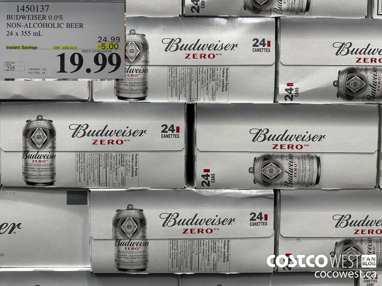 1450137 BUDWEISER 0.0% 24 x 355 mL ($5.00 INSTANT SAVINGS EXPIRES ON 2024-10-13) $19.99