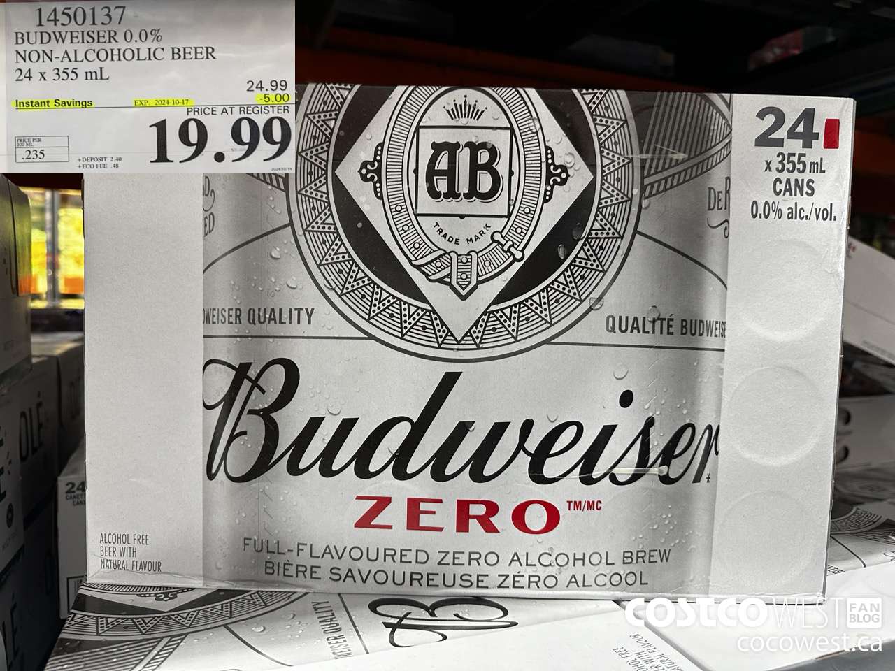 1450137 BUDWEISER 0.0% 24 x 355 mL ($5.00 INSTANT SAVINGS EXPIRES ON 2024-10-17) $19.99