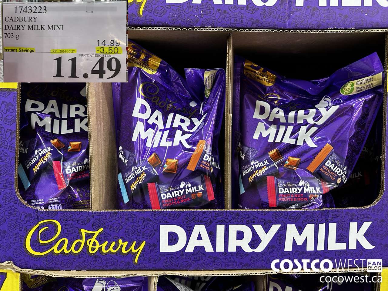 1743223 CADBURY DAIRY MILK MINI 703G ($3.50 INSTANT SAVINGS EXPIRES ON 2024-10-27) $11.49