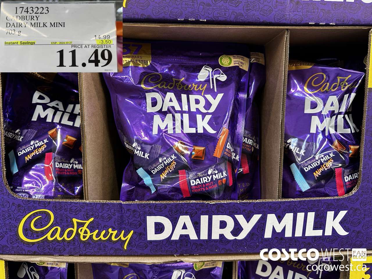 1743223 CADBURY DAIRY MILK MINI 703G ($3.50 INSTANT SAVINGS EXPIRES ON 2024-10-27) $11.49