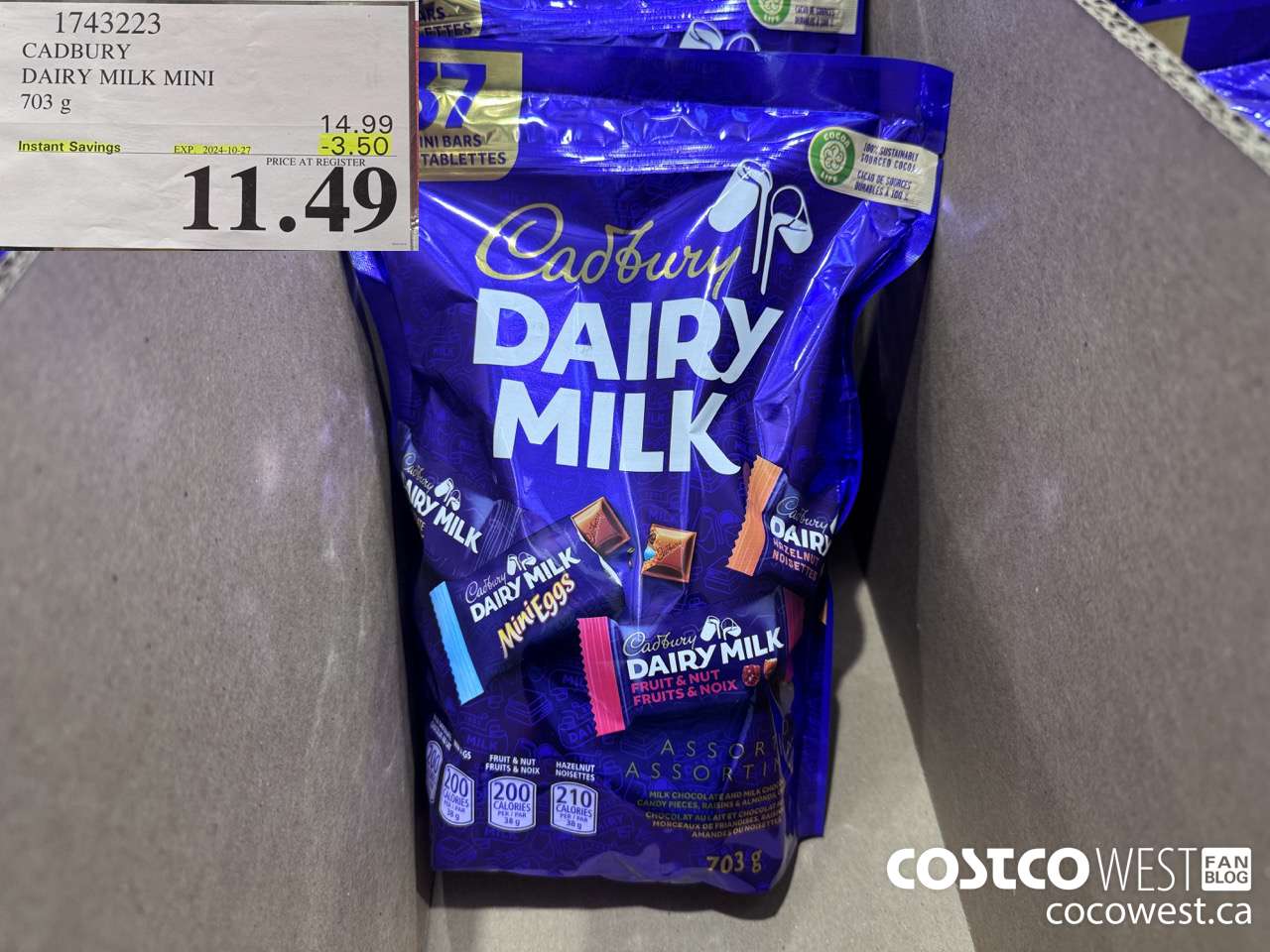 1743223 CADBURY DAIRY MILK MINI 703G ($3.50 INSTANT SAVINGS EXPIRES ON 2024-10-27) $11.49