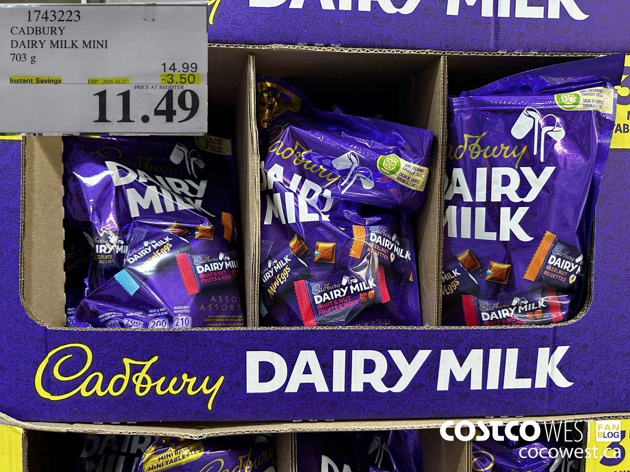 1743223 CADBURY DAIRY MILK MINI 703G ($3.50 INSTANT SAVINGS EXPIRES ON 2024-10-27) $11.49