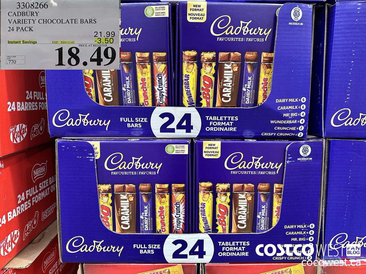 3308266 CADBURY VARIETY CHOCOLATE BARS 24 PACK ($3.50 INSTANT SAVINGS EXPIRES ON 2024-11-03) $18.49
