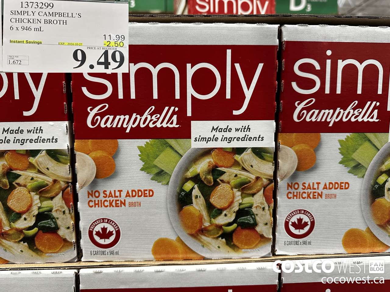 1373299 CAMPBELL'S NO SALT SIMPLY CHICKEN BROTH 6 x 946 mL ($2.50 INSTANT SAVINGS EXPIRES ON 2024-10-27) $9.49