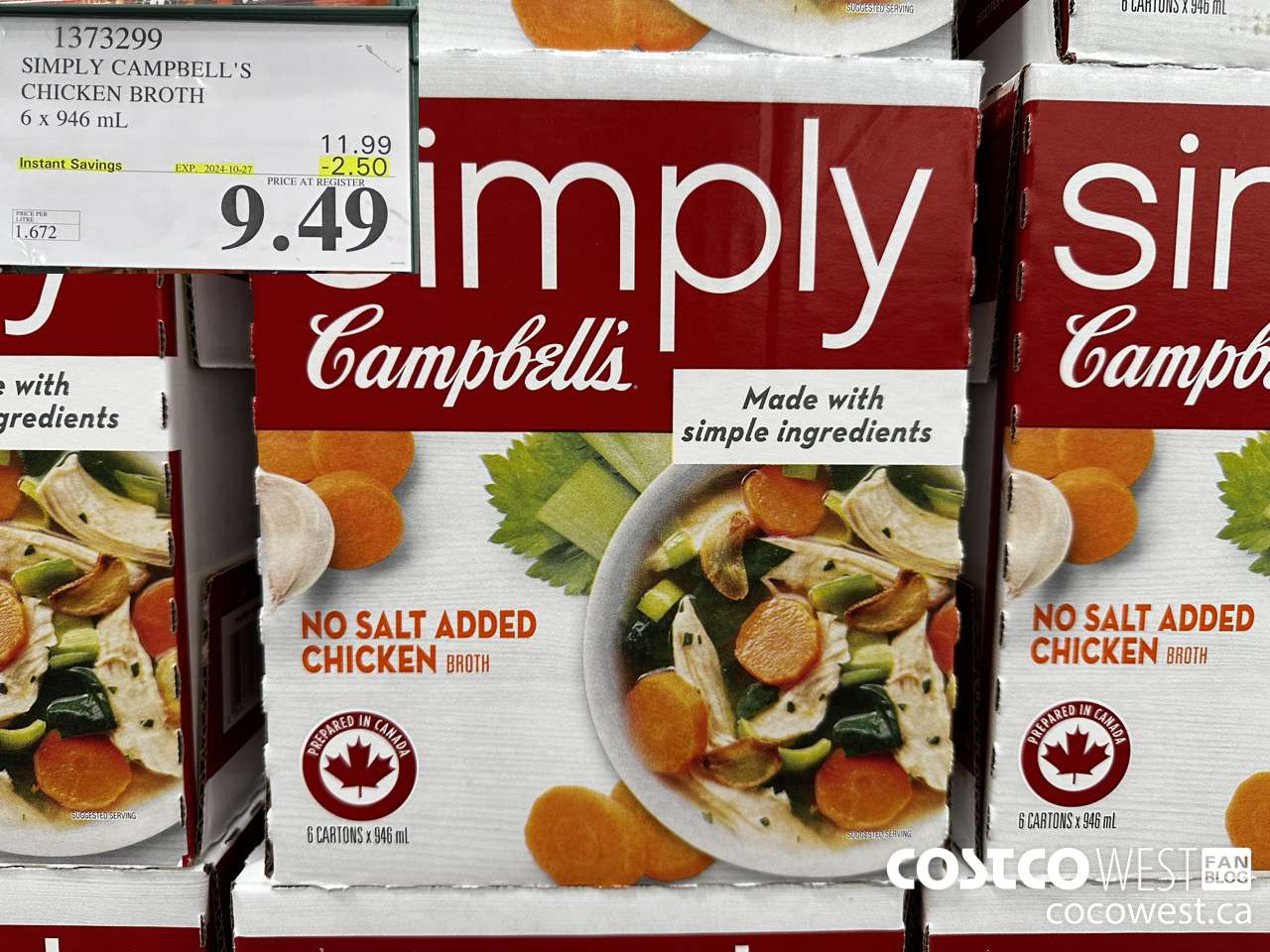 1373299 CAMPBELL'S NO SALT SIMPLY CHICKEN BROTH 6 x 946 mL ($2.50 INSTANT SAVINGS EXPIRES ON 2024-10-27) $9.49
