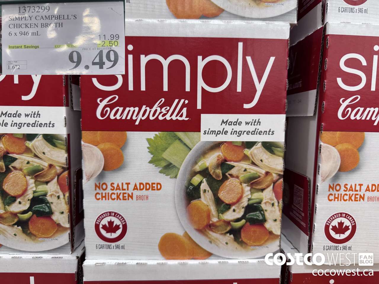 1373299 CAMPBELL'S NO SALT SIMPLY CHICKEN BROTH 6 x 946 mL ($2.50 INSTANT SAVINGS EXPIRES ON 2024-10-27) $9.49
