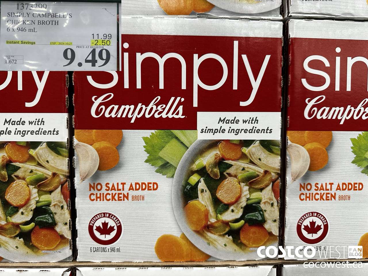 1373299 CAMPBELL'S NO SALT SIMPLY CHICKEN BROTH 6 x 946 mL ($2.50 INSTANT SAVINGS EXPIRES ON 2024-10-27) $9.49