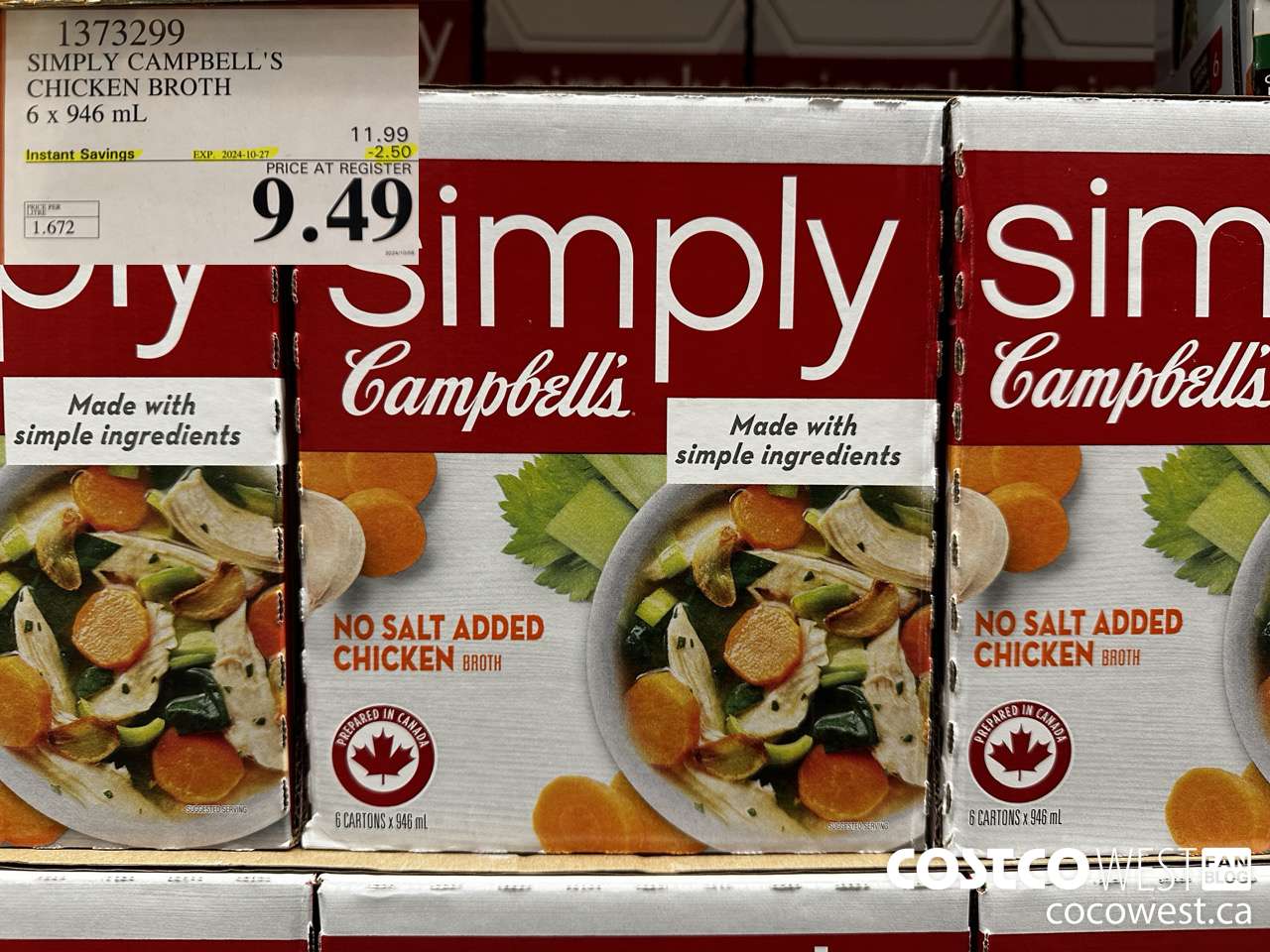 1373299 CAMPBELL'S NO SALT SIMPLY CHICKEN BROTH 6 x 946 mL ($2.50 INSTANT SAVINGS EXPIRES ON 2024-10-27) $9.49