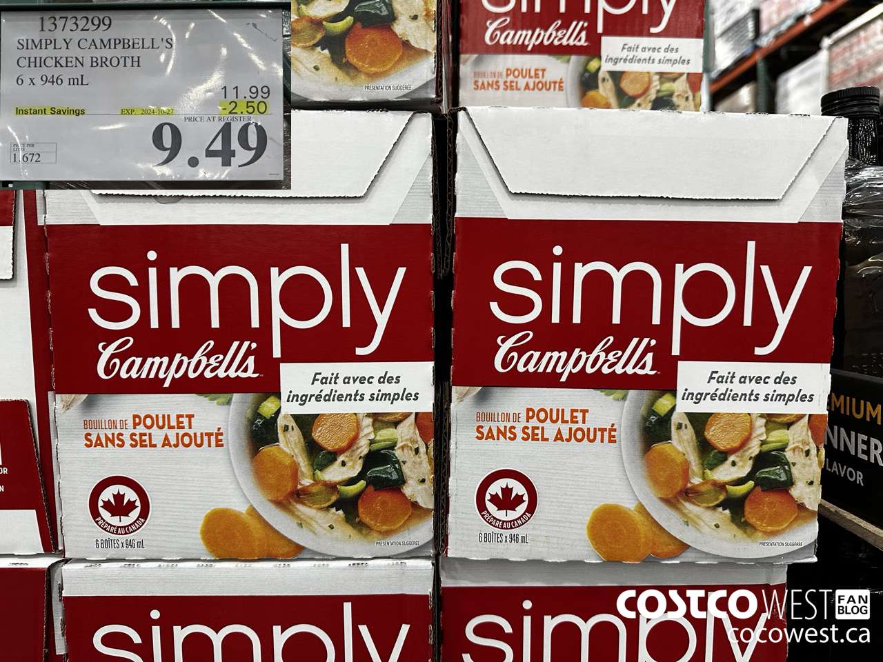 1373299 CAMPBELL'S NO SALT SIMPLY CHICKEN BROTH 6 x 946 mL ($2.50 INSTANT SAVINGS EXPIRES ON 2024-10-27) $9.49