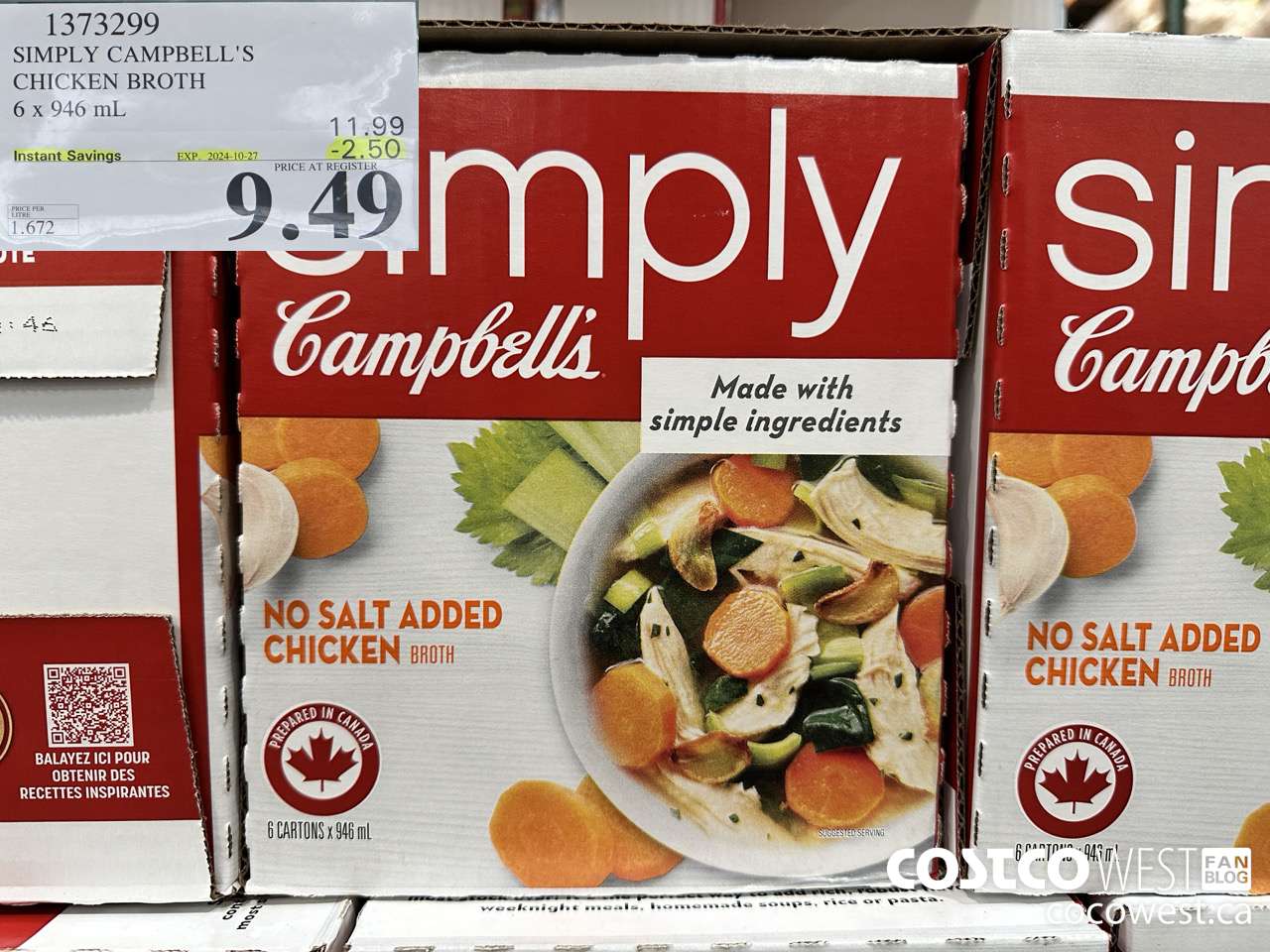 1373299 CAMPBELL'S NO SALT SIMPLY CHICKEN BROTH 6 x 946 mL ($2.50 INSTANT SAVINGS EXPIRES ON 2024-10-27) $9.49