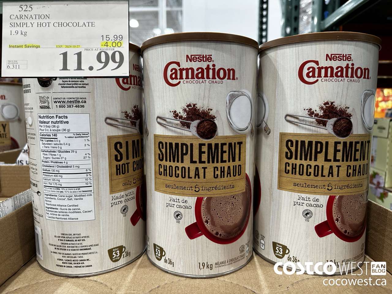 525 CARNATION 5 SIMPLE INGREDIENTS HOT CHOCOLATE 1.9 kg ($4.00 INSTANT SAVINGS EXPIRES ON 2024-10-27) $11.99