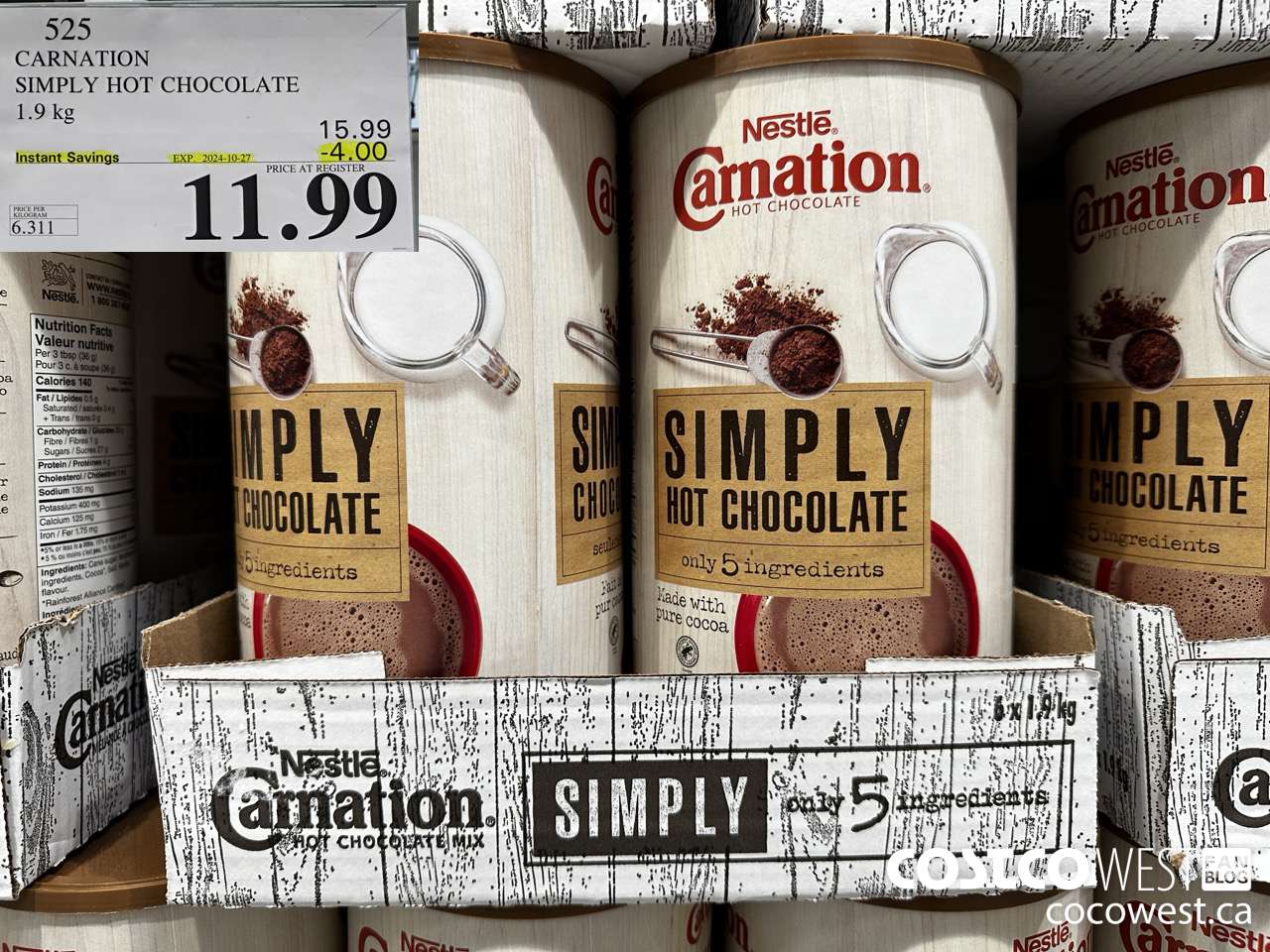 525 CARNATION 5 SIMPLE INGREDIENTS HOT CHOCOLATE 1.9 kg ($4.00 INSTANT SAVINGS EXPIRES ON 2024-10-27) $11.99