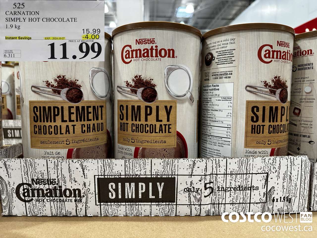 525 CARNATION 5 SIMPLE INGREDIENTS HOT CHOCOLATE 1.9 kg ($4.00 INSTANT SAVINGS EXPIRES ON 2024-10-27) $11.99