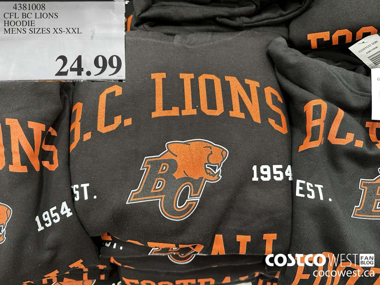 4381008 CFL BC LIONS HOODIE MENS SIZES XS-XXL $24.99