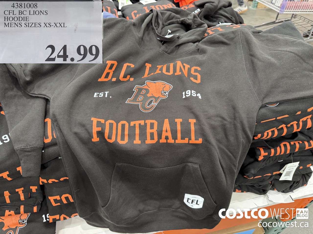 4381008 CFL BC LIONS HOODIE MENS SIZES XS-XXL $24.99