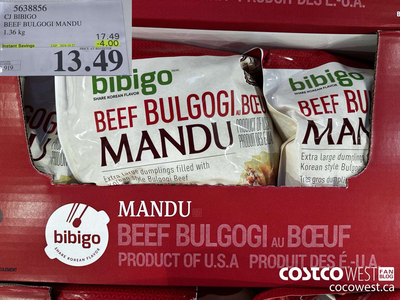 5638856 CJ BIBIGO BEEF BULGOGI MANDU 1.36 kg ($4.00 INSTANT SAVINGS EXPIRES ON 2024-10-27) $13.49