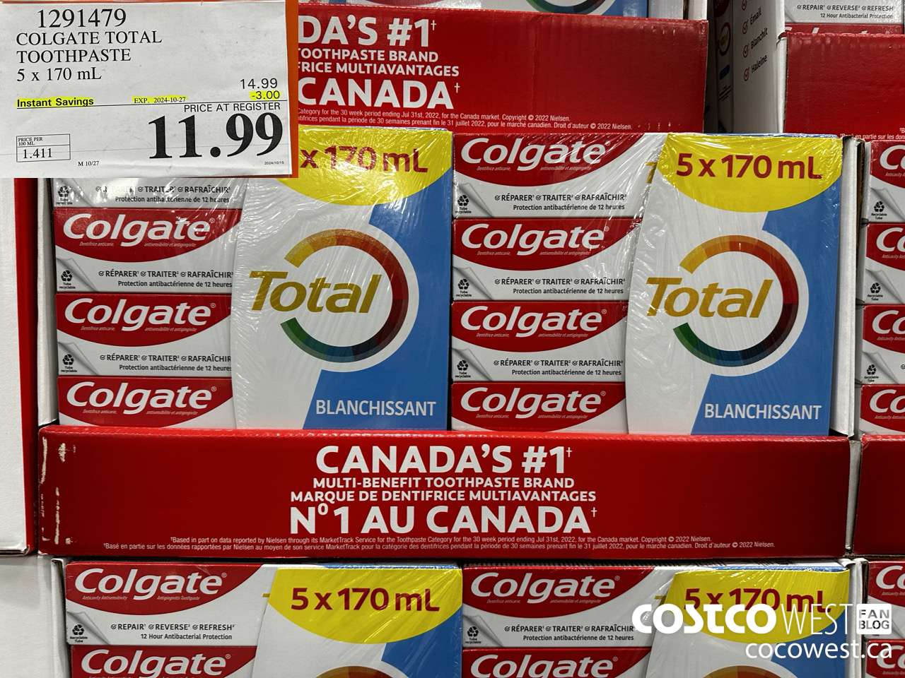 1291479 COLGATE TOTAL TOOTHPASTE 5 x 170 mL ($3.00 INSTANT SAVINGS EXPIRES ON 2024-10-27) $11.99
