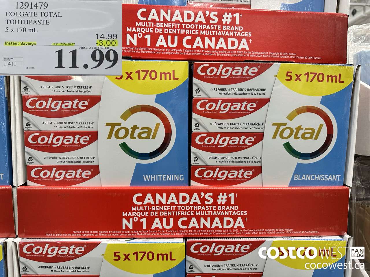 1291479 COLGATE TOTAL TOOTHPASTE 5 x 170 mL ($3.00 INSTANT SAVINGS EXPIRES ON 2024-10-27) $11.99