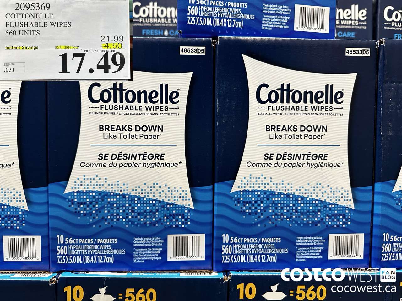 2095369 COTTONELLE FLUSHABLE WIPES 560 UNITS ($4.50 INSTANT SAVINGS EXPIRES ON 2024-10-27) $17.49
