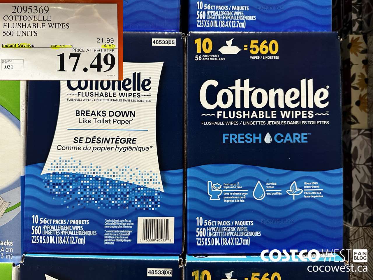 2095369 COTTONELLE FLUSHABLE WIPES 560 UNITS ($4.50 INSTANT SAVINGS EXPIRES ON 2024-10-27) $17.49