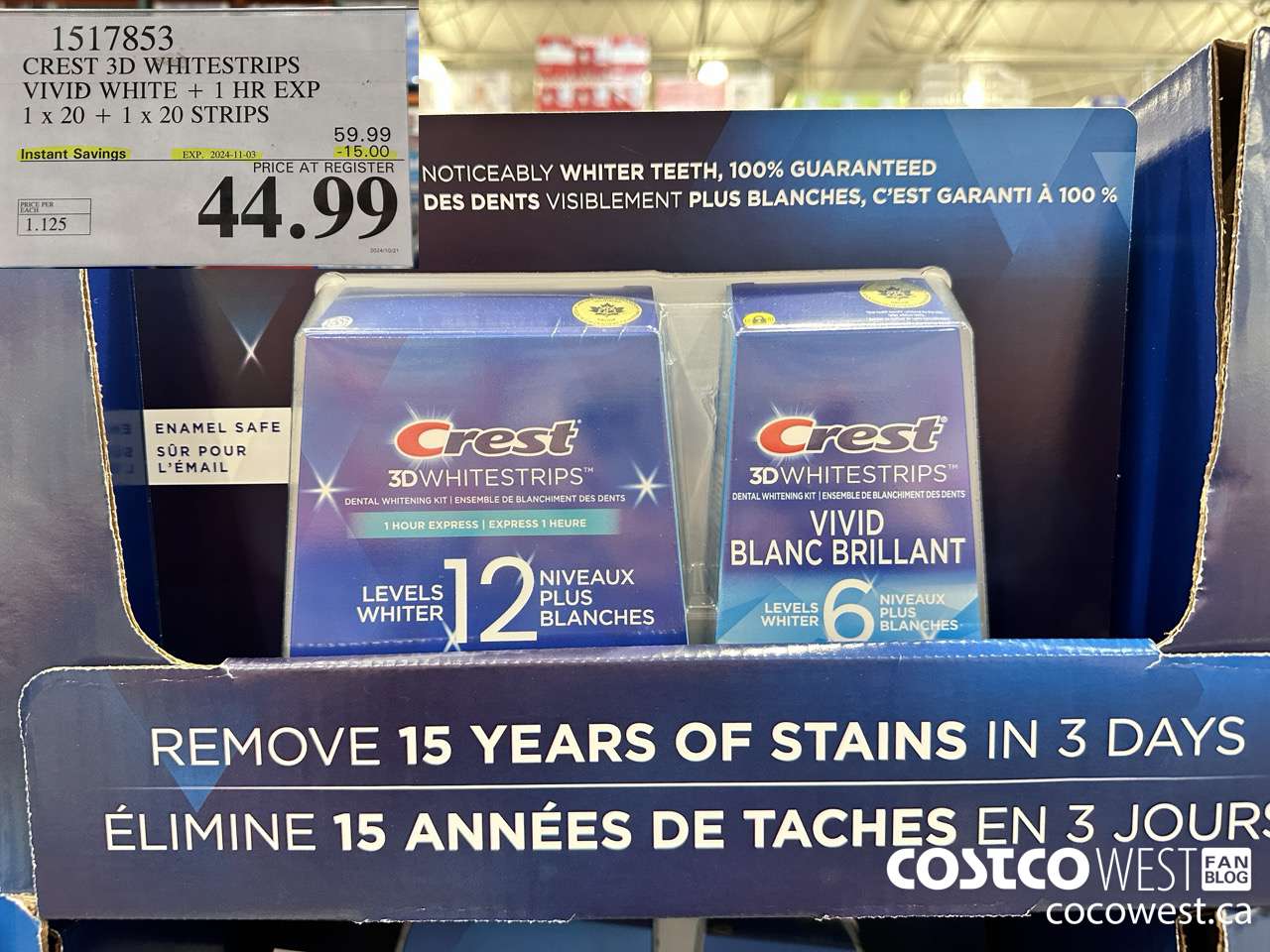 1517853 CREST 3D WHITESTRIPS VIVID WHITE + 1 HR EXP 1 x 20 + 1 x 20 STRIPS ($15.00 INSTANT SAVINGS EXPIRES ON 2024-11-03) $44.99