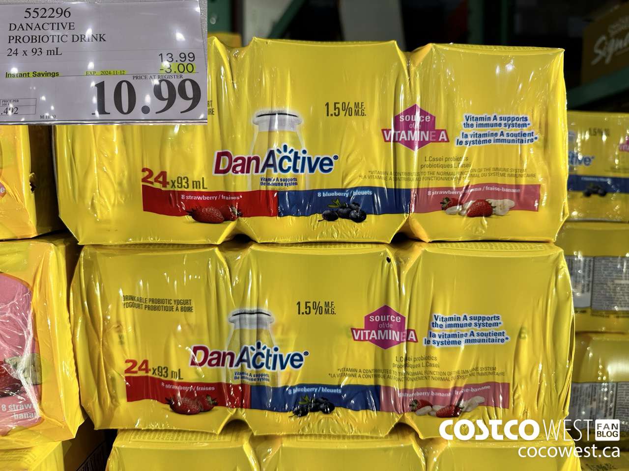 552296 DANACTIVE PROBIOTIC DRINK 24 x 93 mL ($3.00 INSTANT SAVINGS EXPIRES ON 2024-11-12) $10.99