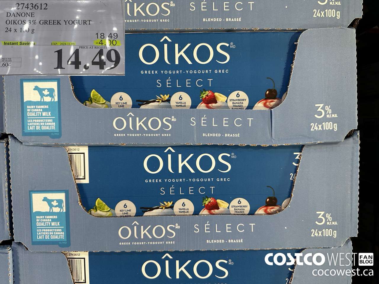 2743612 DANONE OIKOS 3% GREEK YOGURT 24 X 100 G ($4.00 INSTANT SAVINGS EXPIRES ON 2024-11-03) $14.49