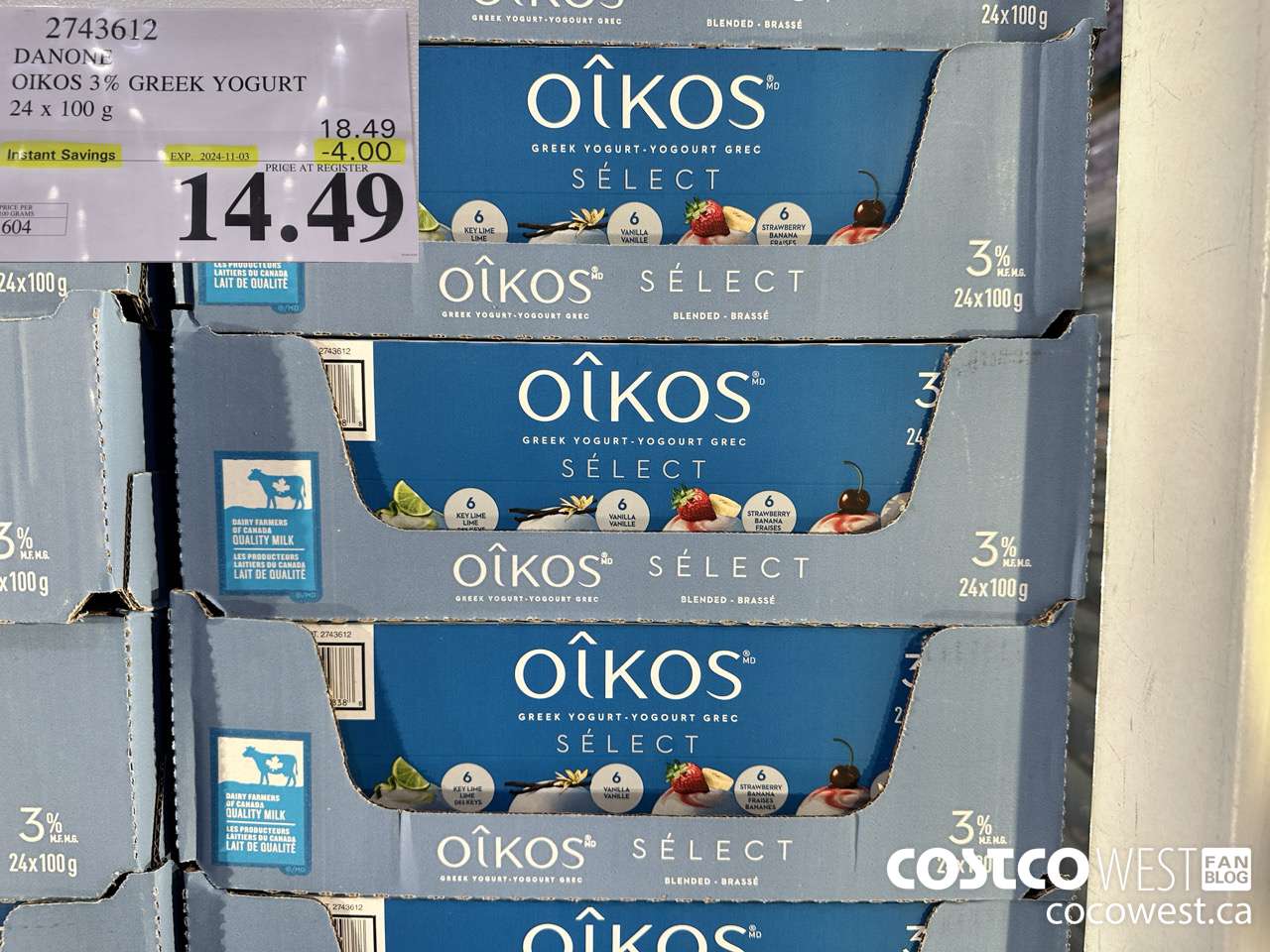 2743612 DANONE OIKOS 3% GREEK YOGURT 24 X 100 G ($4.00 INSTANT SAVINGS EXPIRES ON 2024-11-03) $14.49
