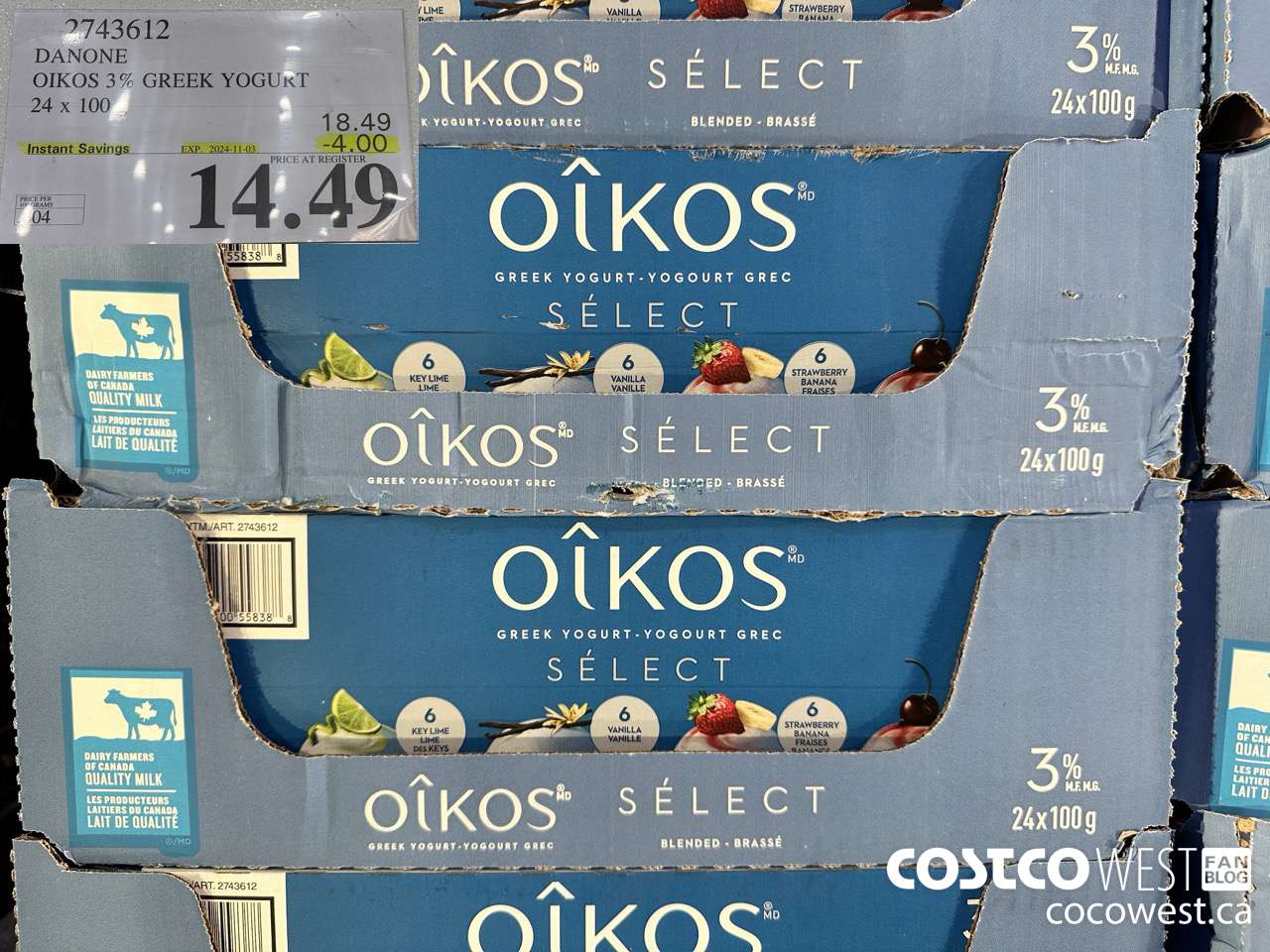 2743612 DANONE OIKOS 3% GREEK YOGURT 24 X 100 G ($4.00 INSTANT SAVINGS EXPIRES ON 2024-11-03) $14.49