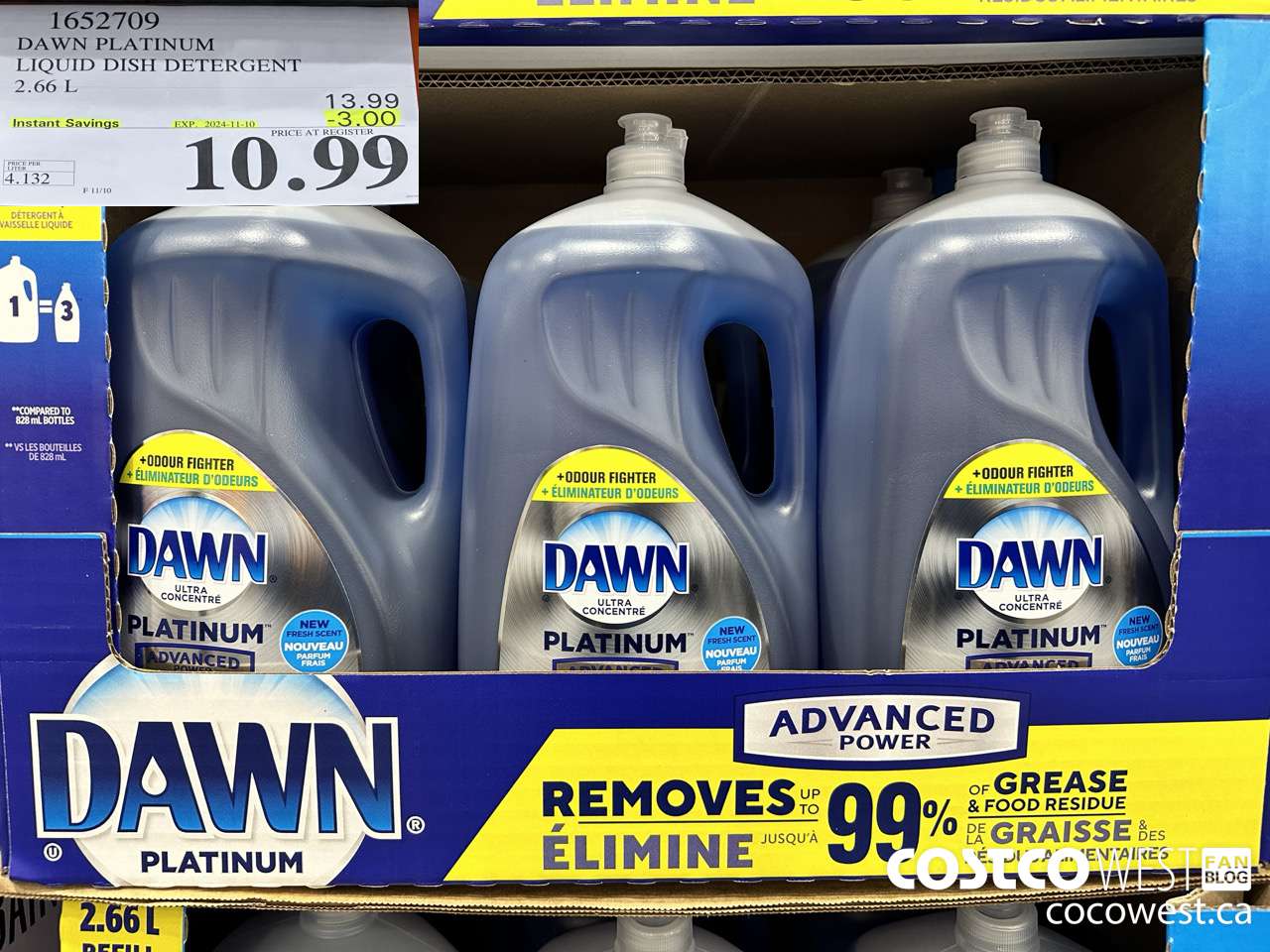 1652709 DAWN PLATINUM LIQUID DISH DETERGENT 2.66L ($3.00 INSTANT SAVINGS EXPIRES ON 2024-11-10) $10.99