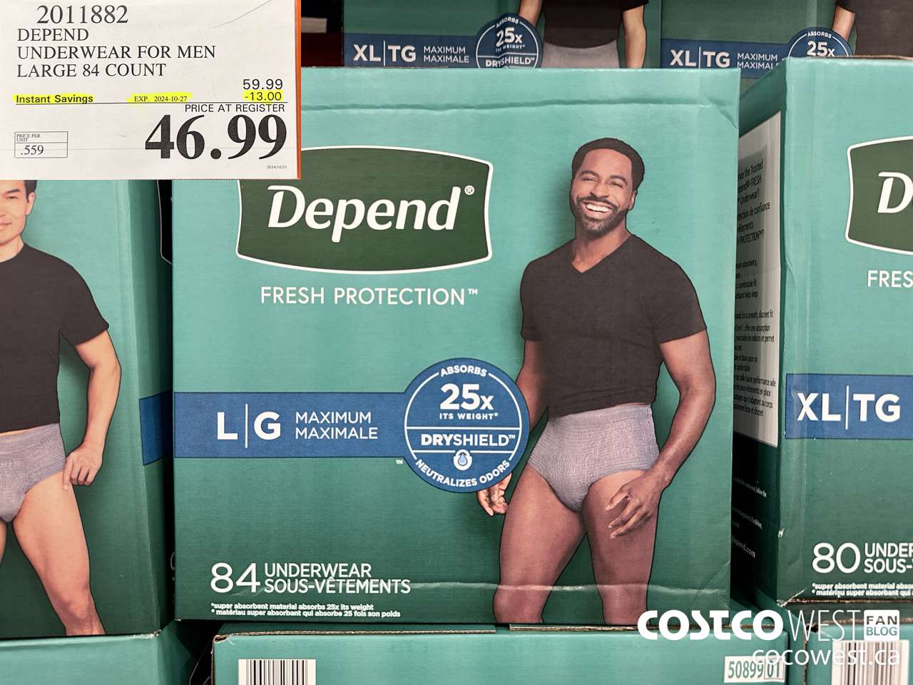 2011882 DEPEND UNDERWEAR FOR MEN LARGE 84 COUNT ($13.00 INSTANT SAVINGS EXPIRES ON 2024-10-27) $46.99