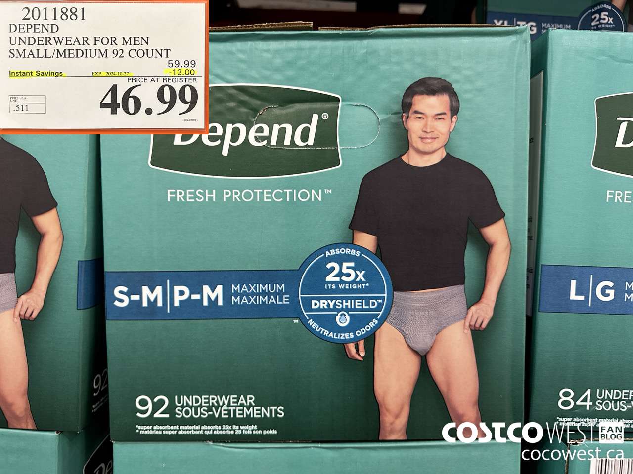 2011881 DEPEND UNDERWEAR FOR MEN S/M 92 COUNT ($13.00 INSTANT SAVINGS EXPIRES ON 2024-10-27) $46.99