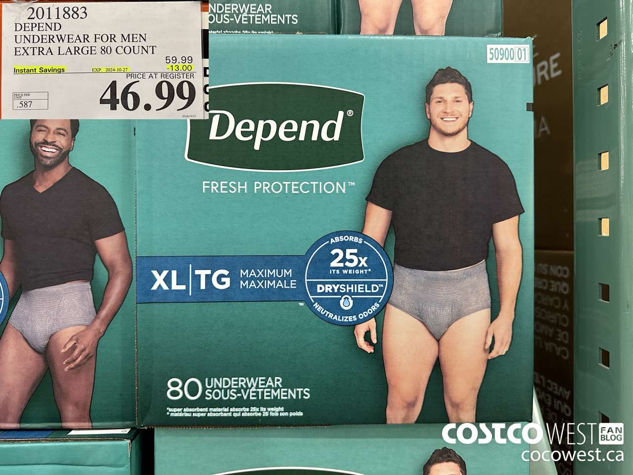 2011883 DEPEND UNDERWEAR FOR MEN X-LARGE 80 COUNT ($13.00 INSTANT SAVINGS EXPIRES ON 2024-10-27) $46.66