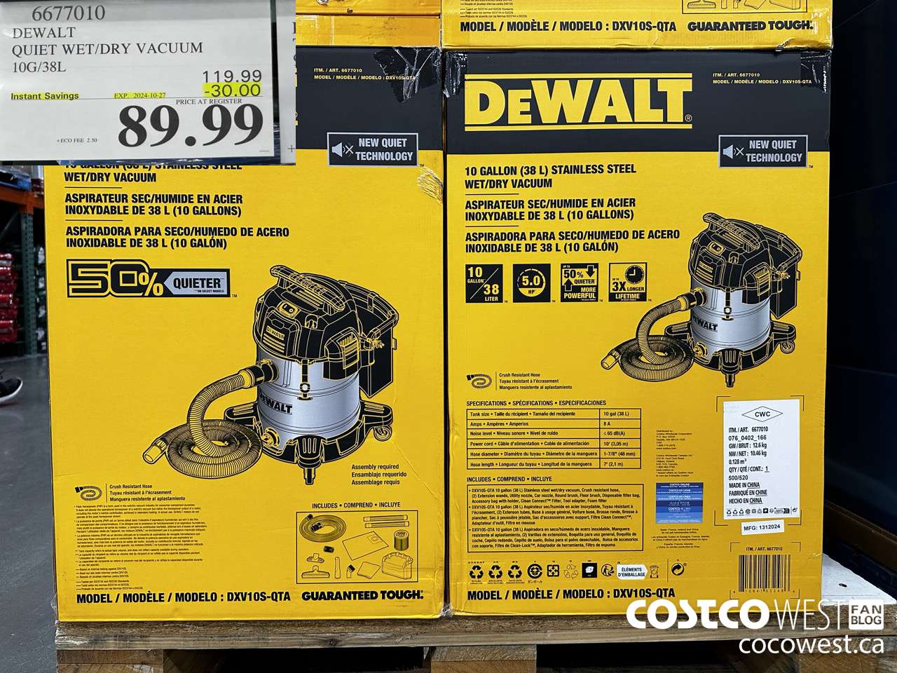 6677010 DEWALT QUIET WET/DRY VACUUM 10G/38L ($30.00 INSTANT SAVINGS EXPIRES ON 2024-10-27) $89.99