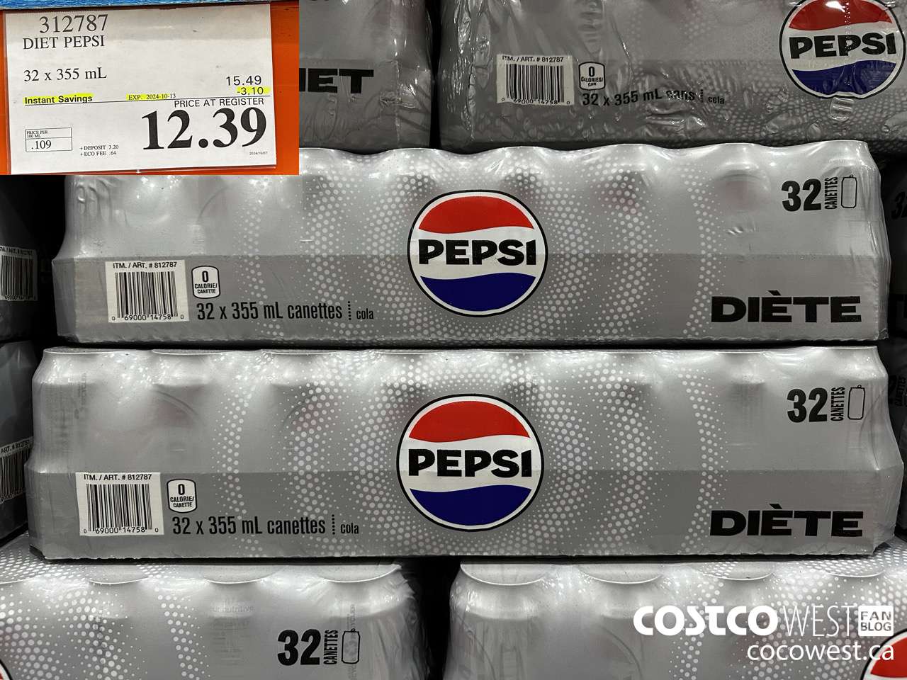 312787 DIET PEPSI 32 X 355 ML ($3.10 INSTANT SAVINGS EXPIRES ON 2024-10-13) $12.39