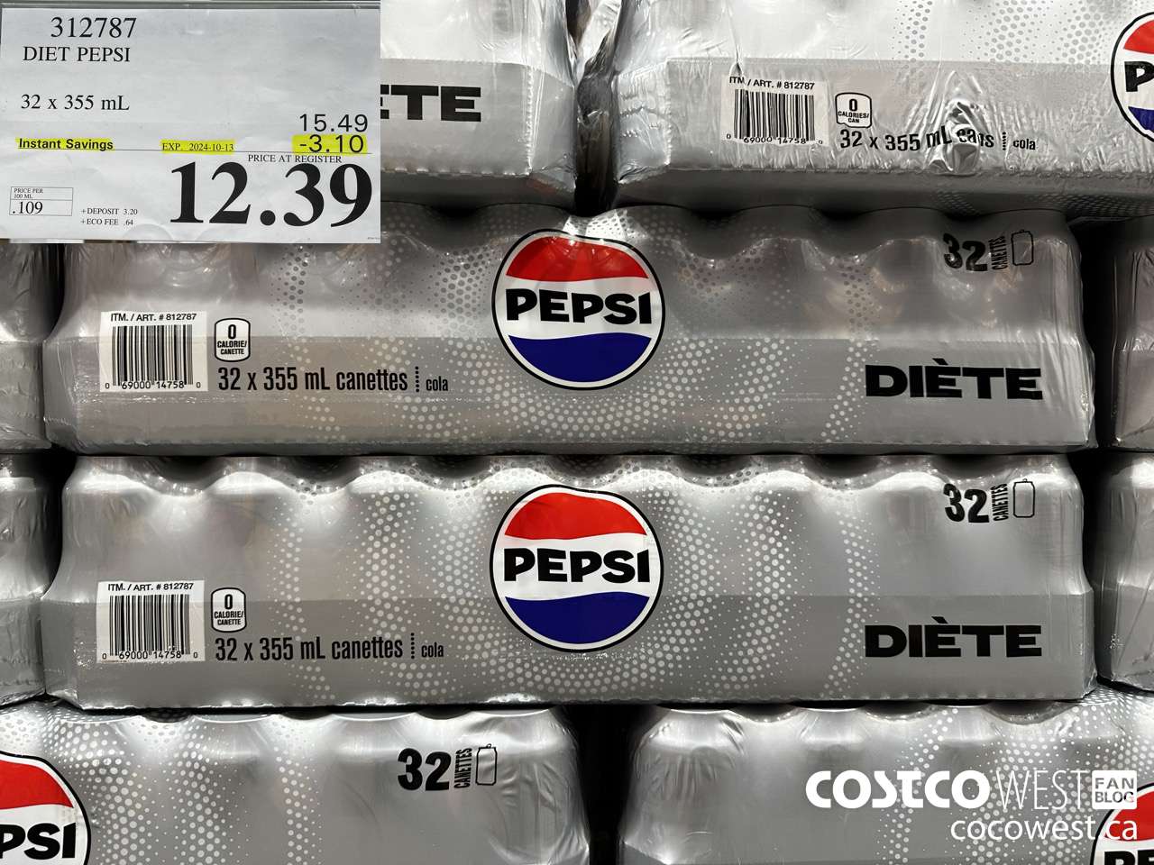 312787 DIET PEPSI 32 X 355 ML ($3.10 INSTANT SAVINGS EXPIRES ON 2024-10-13) $12.39