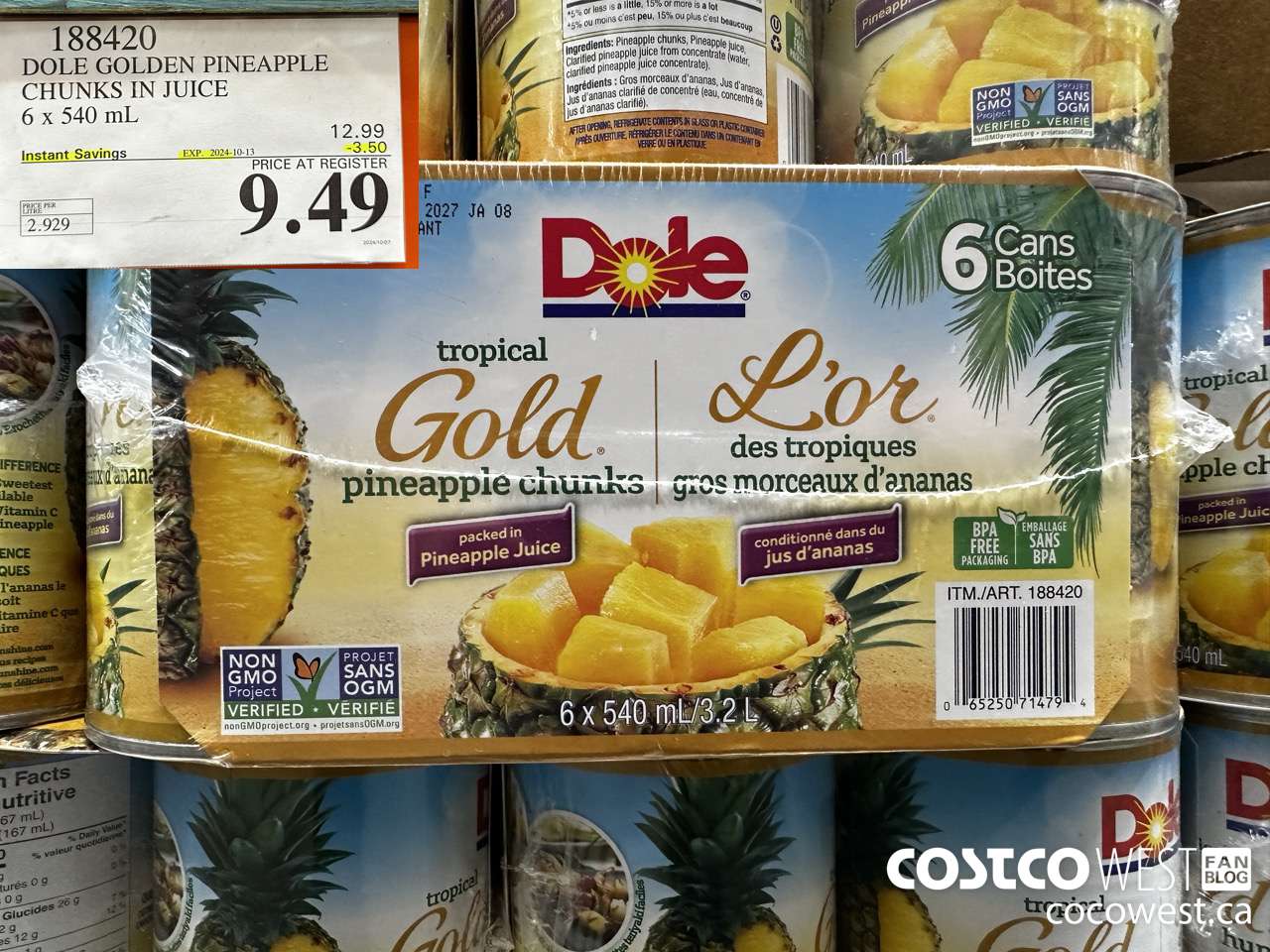 188420 DOLE GOLDEN PINEAPPLE CHUNKS IN JUICE 6 x 540 mL ($3.50 INSTANT SAVINGS EXPIRES ON 2024-10-13) $9.49