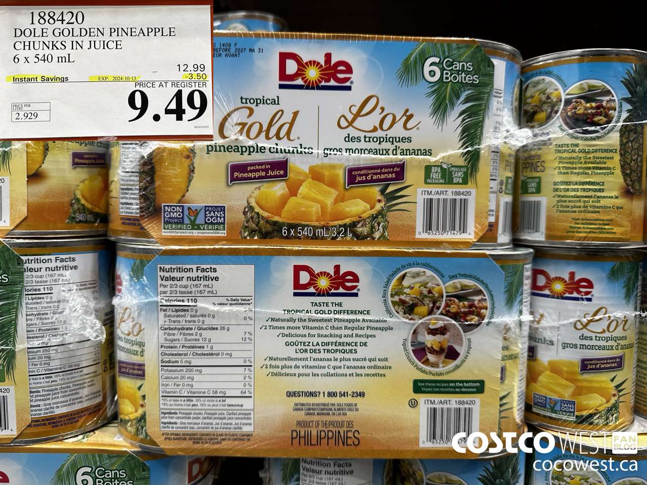 188420 DOLE GOLDEN PINEAPPLE CHUNKS IN JUICE 6 x 540 mL ($3.50 INSTANT SAVINGS EXPIRES ON 2024-10-13) $9.49