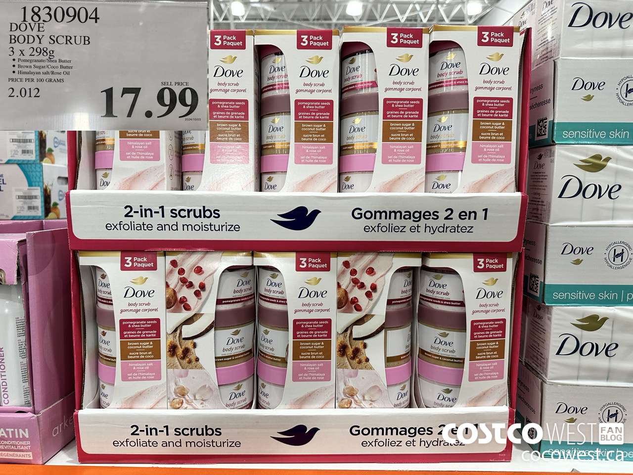 1830904 DOVE BODY SCRUB 3 X 298G $17.99