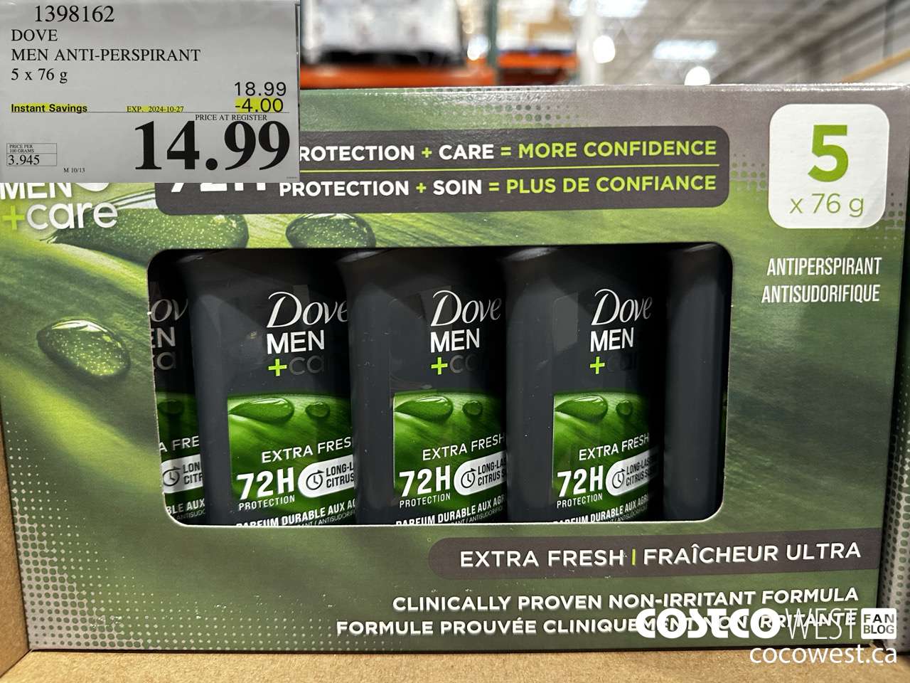 1398162 DOVE MEN ANTI-PERSPIRANT 5 X 76G ($4.00 INSTANT SAVINGS EXPIRES ON 2024-10-27) $14.99
