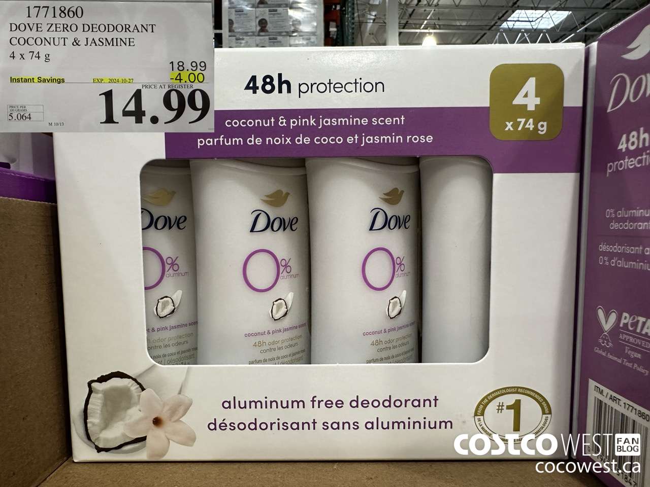 1771860 DOVE ZERO DEODORANT COCONUT & JASMINE 4 X 74G ($4.00 INSTANT SAVINGS EXPIRES ON 2024-10-27) $14.99