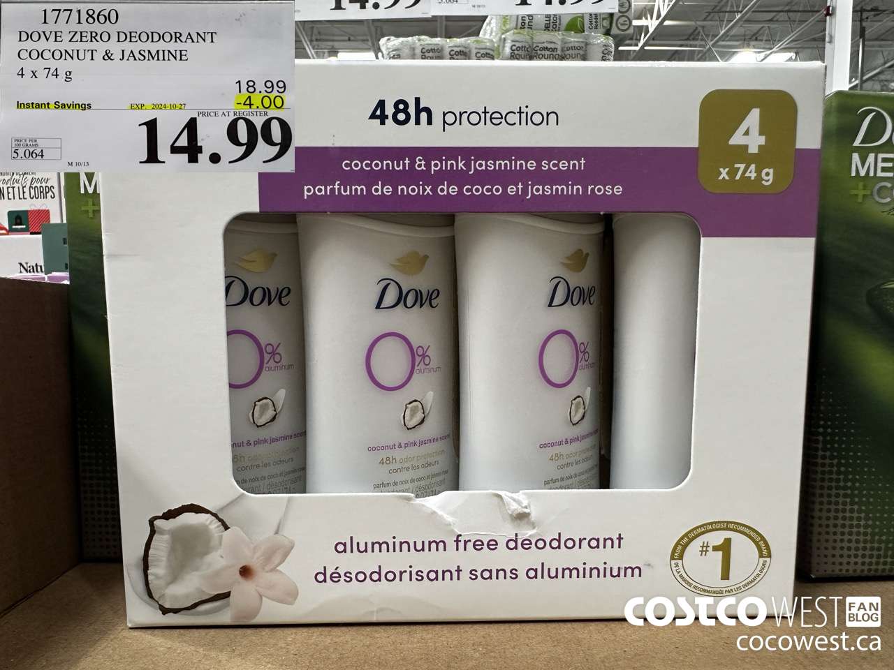 1771860 DOVE ZERO DEODORANT COCONUT & JASMINE 4 X 74G ($4.00 INSTANT SAVINGS EXPIRES ON 2024-10-27) $14.99
