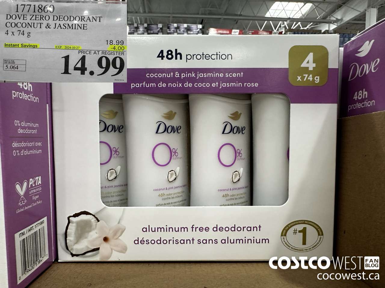 1771860 DOVE ZERO DEODORANT COCONUT & JASMINE 4 X 74G ($4.00 INSTANT SAVINGS EXPIRES ON 2024-10-27) $14.99