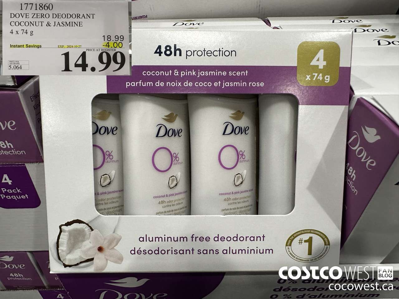 1771860 DOVE ZERO DEODORANT COCONUT & JASMINE 4 X 74G ($4.00 INSTANT SAVINGS EXPIRES ON 2024-10-27) $14.99