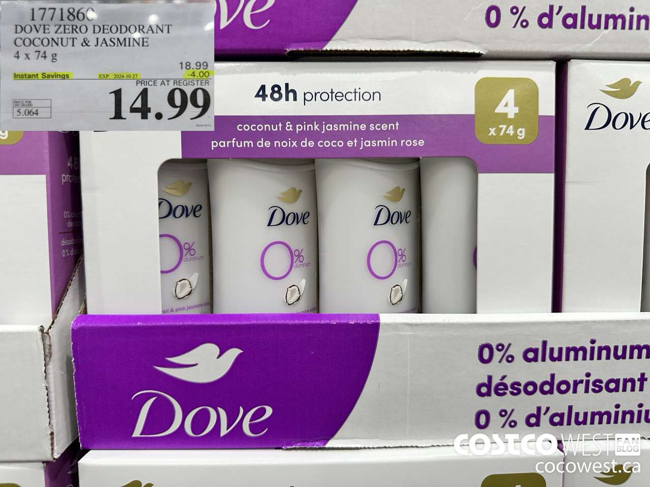 1771860 DOVE ZERO DEODORANT COCONUT & JASMINE 4 X 74G ($4.00 INSTANT SAVINGS EXPIRES ON 2024-10-27) $14.99