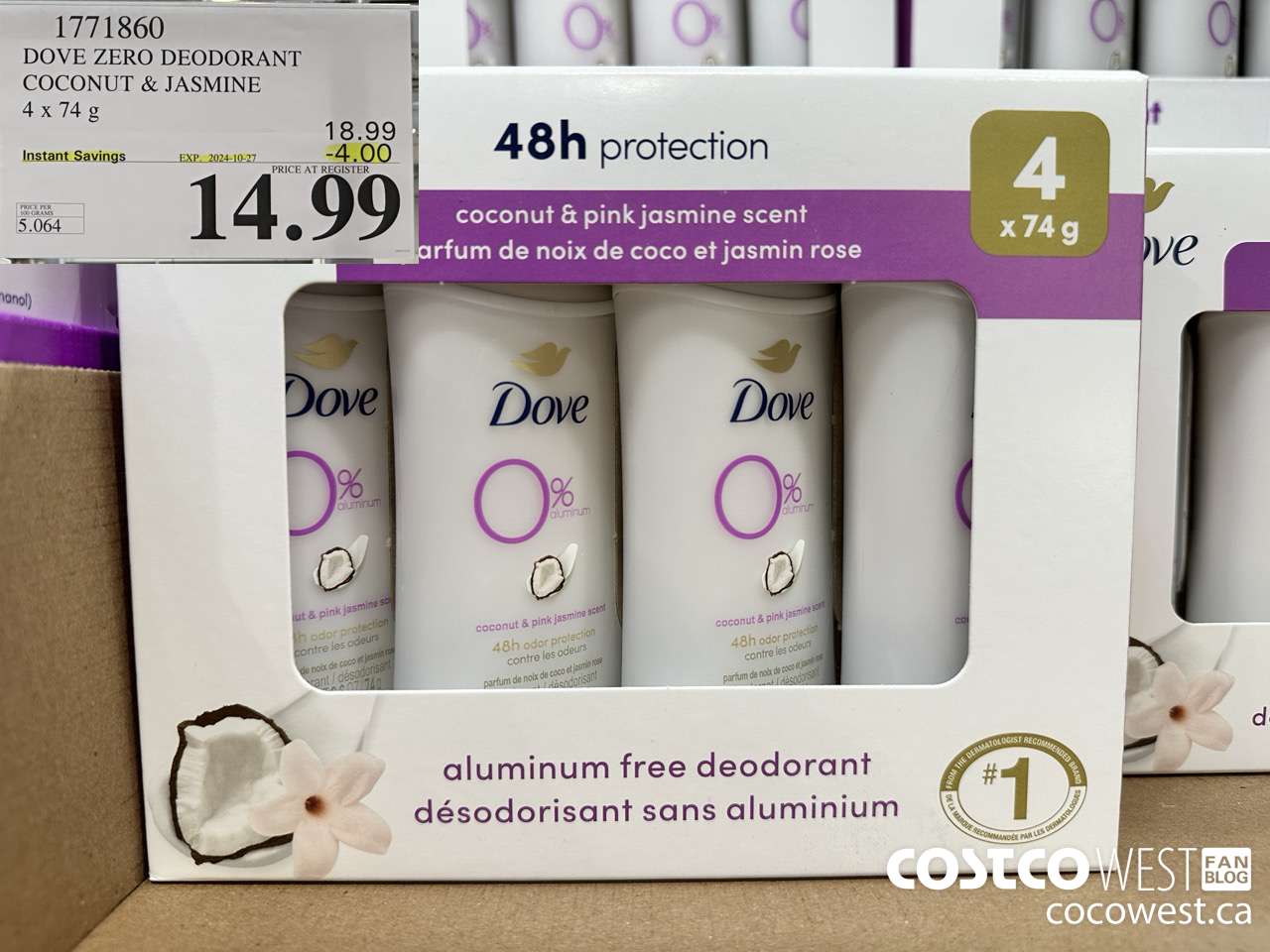 1771860 DOVE ZERO DEODORANT COCONUT & JASMINE 4 X 74G ($4.00 INSTANT SAVINGS EXPIRES ON 2024-10-27) $14.99