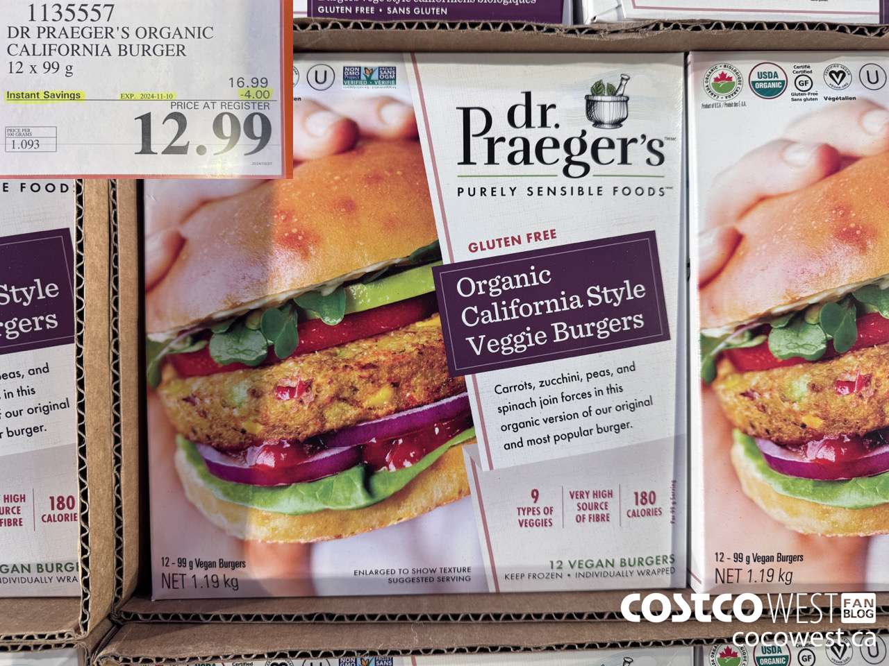 1135557 DR PRAEGER'S ORGANIC CALIFORNIA BURGER 12 x 99 g ($4.00 INSTANT SAVINGS EXPIRES ON 2024-11-10) $12.99