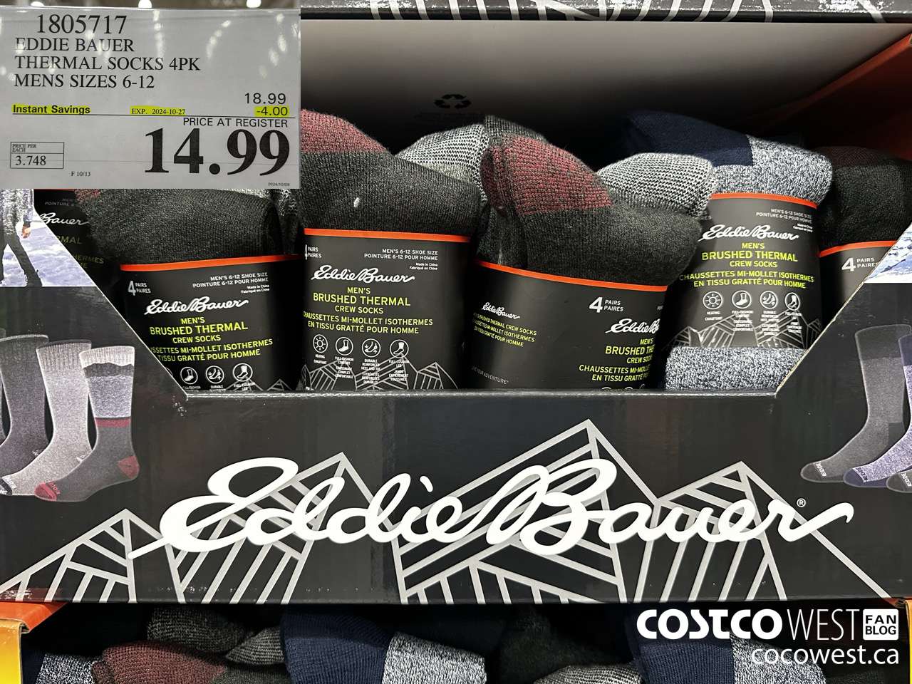 1805717 EDDIE BAUER THERMAL SOCKS 4PK MENS SIZES 6-12 ($4.00 INSTANT SAVINGS EXPIRES ON 2024-10-27) $14.99