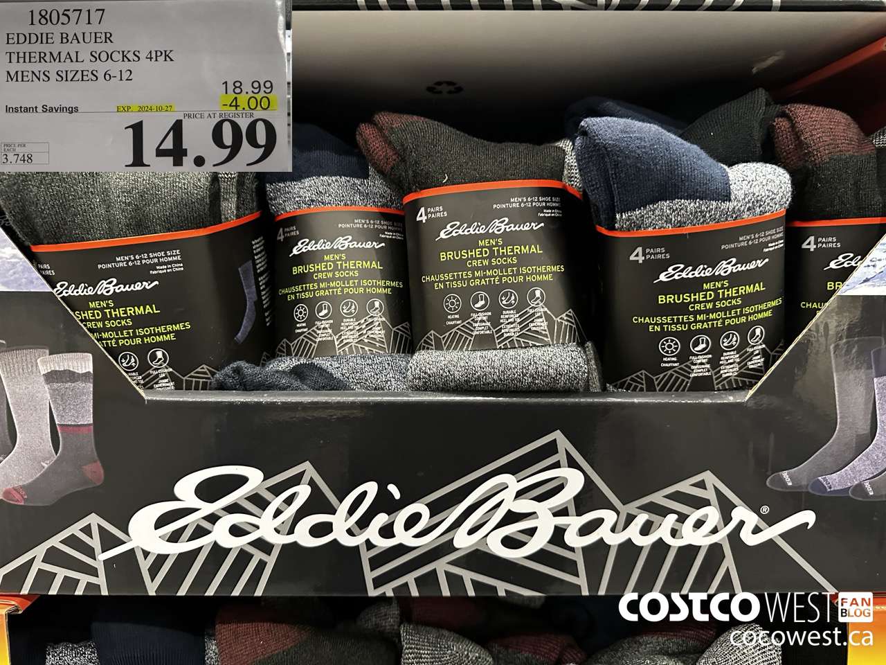 1805717 EDDIE BAUER THERMAL SOCKS 4PK MENS SIZES 6-12 ($4.00 INSTANT SAVINGS EXPIRES ON 2024-10-27) $14.99