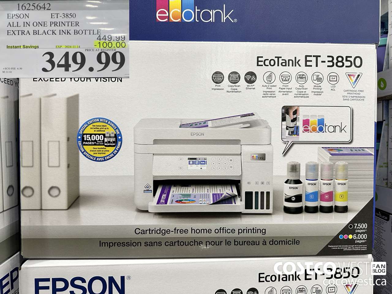 1625642 EPSON ET-3850 ALL IN ONE PRINTER ($100.00 INSTANT SAVINGS EXPIRES ON 2024-11-14) $349.99